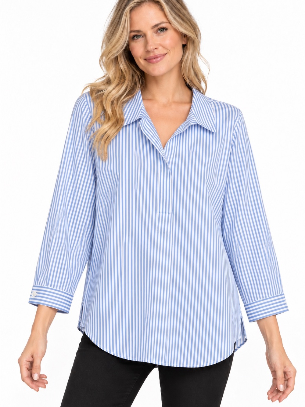Chico's Non-Iron Chic Stretch Light Blue & White Striped Button-Down Shirt Sz L